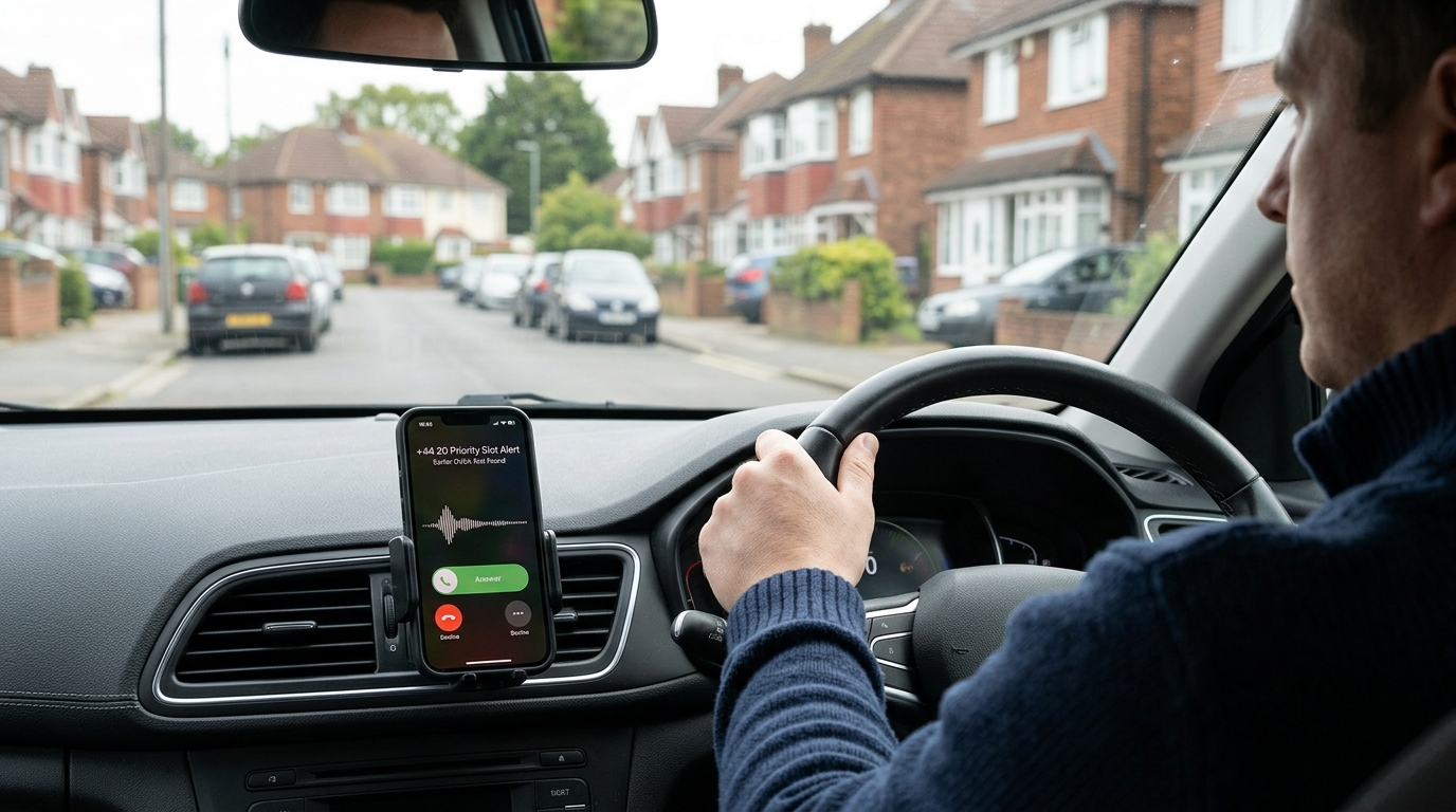 Right-hand-drive UK learner car dashboard showing incoming +44 Priority Slot Alert call